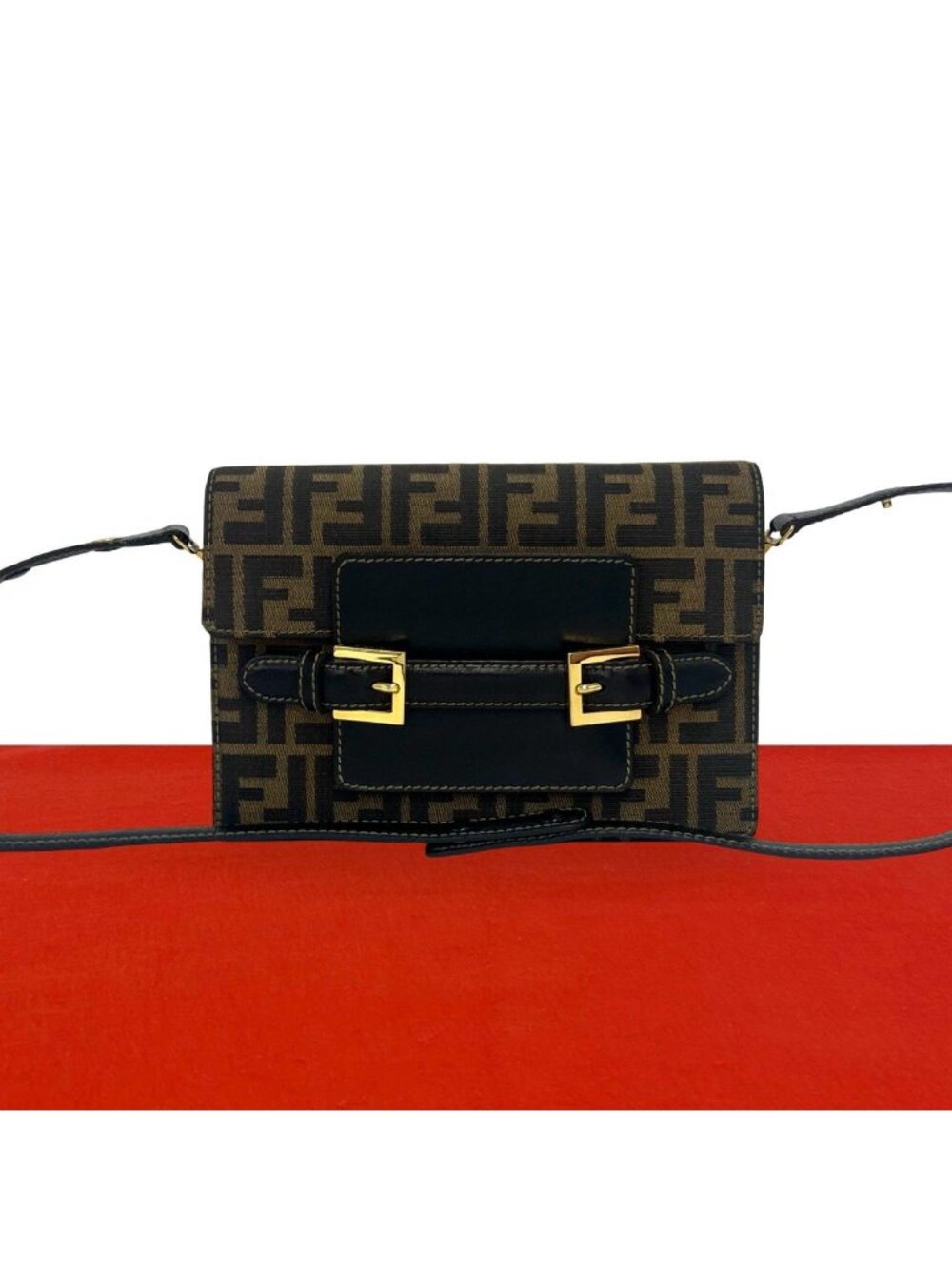 Fendi Vintage Zucca FF Logo Pattern Canvas Leather Shoulder Bag Brown